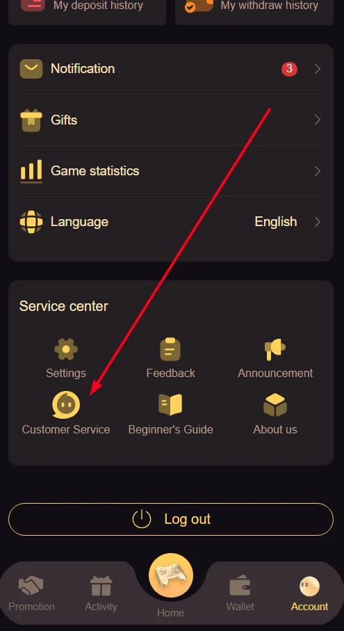 Tap the customer service option